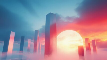 Surreal landscape featuring towering reflective rectangular structures emerging from a misty water surface, catching the vibrant pink and orange light of a large setting sun - Powered by Adobe