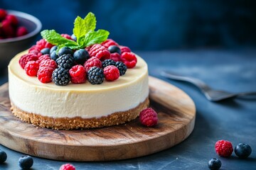 Delicious Fruit Cheesecake with Mixed Berries and Mint Decoration