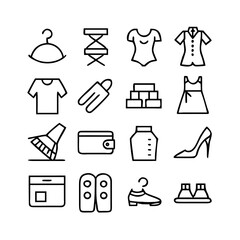 A professional collection of black clothing icons and fashion symbols featuring vector illustrations of shirts, dresses, jackets, jeans, shoes, and accessories for business , trendy, classic, elegant