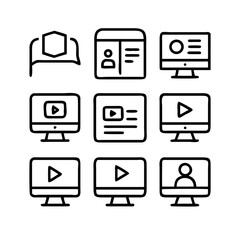 A professional black document icon set vector featuring business and technology symbols for web design, including office , equipment, modern, site, file, tech, electronics