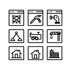 A professional black vector icon set featuring a collection of hotel, business, and web symbols including car, house, tool, equipment, estate, menu, thin, line, solid, modern, minimalist