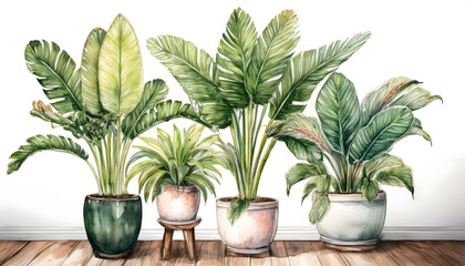 Botanical Watercolor Indoor Plants in Ceramic Pots