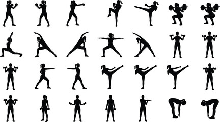 Obraz premium Female fitness workout silhouettes set showing yoga boxing kickboxing stretching strength training exercises isolated on white background vector