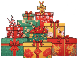 Gift Boxes png Presents cutout Holiday Gifts png Festive Packages cutout New Year Gifts png Celebration Boxes cutout Chinese New Year png Lunar New