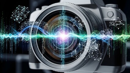A camera lens with vibrant digital waves and network connections emanating from it