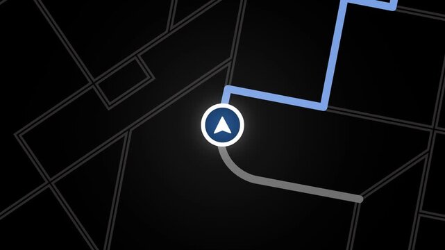 GPS navigation map route with arrow cursor moving towards destination. Driving car simulation screen interface animation. Maps scrolling under static directional pointer.