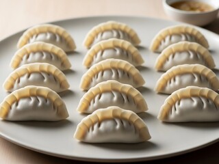 Modern dumpling presentation with symmetrical forms, pale neutral tones, contemporary Asian-inspired food photography for stock