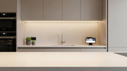 Fototapeta premium Off-white composite kitchen surface with ultra-modern kitchen bokeh background, sleek interior photography for future home branding