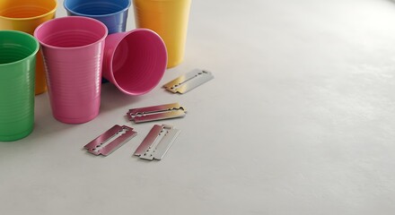 Colorful Plastic Cups and Scattered Paper Clips - Vibrant Still Life.