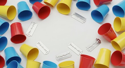 Colorful Plastic Cups and Vials Arranged on White Surface, Overhead View.
