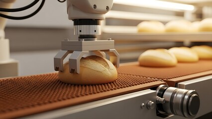 Robotic arm picking up a loaf of bread on a conveyor belt in a bakery