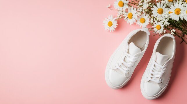 white sneakers and daisies on pink background - Powered by Adobe