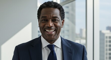 Confident African American Businessman Smiling Warmly in Modern Office with Cityscape View.
