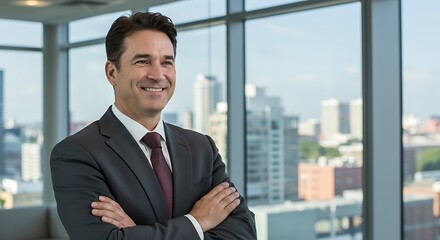 Confident Businessman Smiling, Arms Crossed, Cityscape View Through Office Window.