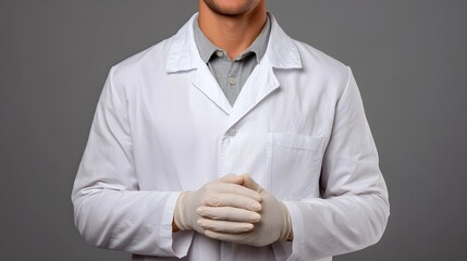 A healthcare professional wearing a white lab coat and protective gloves stands with hands clasped against a grey background