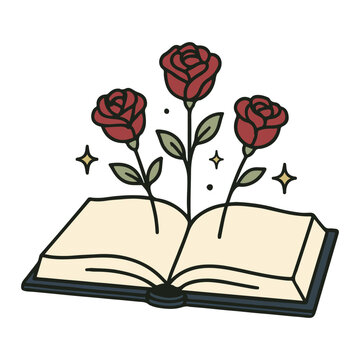 Open Book with Floating Roses Illustration, Romantasy Bookish Magic Clipart, Romantasy Bookish Clip Art, Fantasy Romance Book, Magical Love Book, Girly Fantasy Reading Design