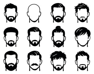 Modern graphic male avatar set featuring various hairstyles and facial hair options for user profiles