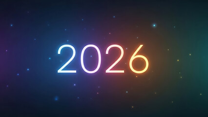 Glowing colorful neon text twenty twenty six set against dark starry space galaxy background art