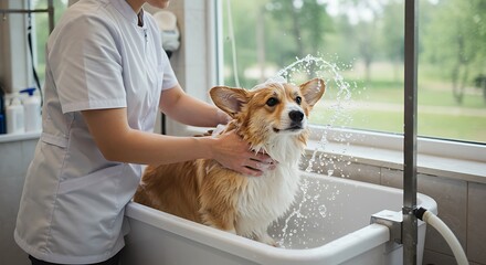 Corgis Bath Time - Gentle Grooming in Bright, Modern Salon.