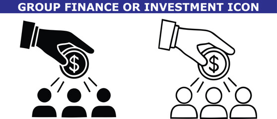 A graphic illustration of group finance and investment concepts with hand and people icons.
