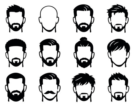 Modern graphic male avatar set featuring various hairstyles and facial hair options for user profiles