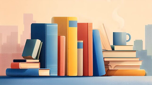 Row of Colorful Hardcover Books in Modern Minimalist Library, educational world day