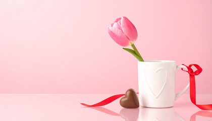 Romantic Pink Tulip In Heart Mug With Ribbon And Chocolate Heart Gift.
