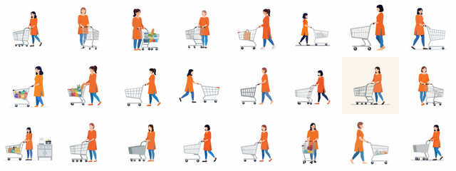 Collection of diverse women in orange kurtas shopping with pushcarts. Supermarket grocery shopping concept vector illustration set. © Cristina