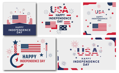 USA Independence Day vector card set with American flags and festive decorations on white background