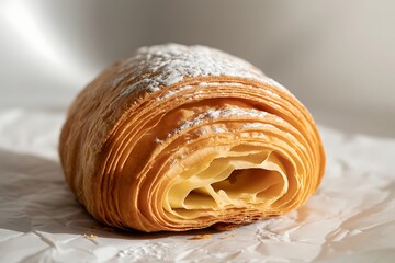 Golden flaky pastry dusted with powdered sugar