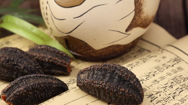 Dried sea cucumber or Trepang on vintage paper with ceramic jar background