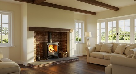 Cozy Living Room with Fireplace, Natural Light, and Comfortable Sofas.