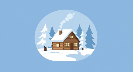 Cozy Winter Cabin Scene with Snow-Covered Roof and Pine Trees.