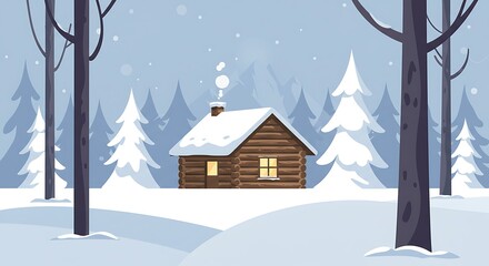 Cozy Winter Cabin in Snowy Forest, Warm Light, Peaceful Scene, Illustration.