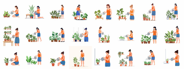 Set of flat vector illustrations depicting women happily watering and caring for various indoor potted houseplants and home greenery. © Cristina