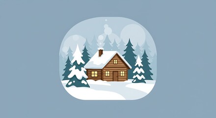Cozy Winter Log Cabin Illustration Amidst Snowy Pines in Circular Frame.