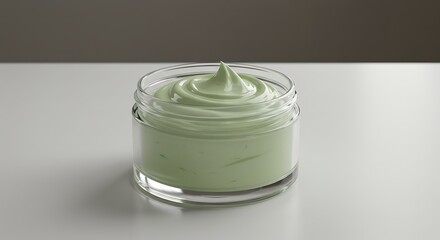 Creamy Green Body Butter in Clear Jar, Studio Shot.