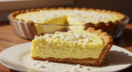 Creamy Coconut Tart - Sunlit Slice on Rustic Wood.