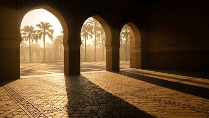 Arched walkway with palm trees and patterned floor in golden morning light arcade colonnade
