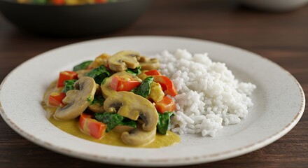 Creamy Mushroom and Spinach Curry with Rice on Rustic White Plate.