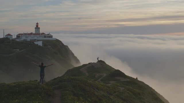 Beautiful dark evening panorama with farol lighthouse in the Atlantic Ocean at Cape Cabo Da Roca; Portugal. The westernmost point of Europe; March; 2023.