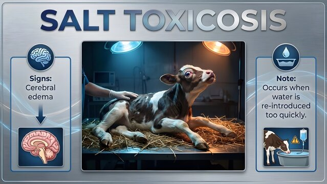 Veterinary medicine concept illustrating salt toxicosis symptoms in a calf with cerebral edema with animal health and livestock and veterinary care