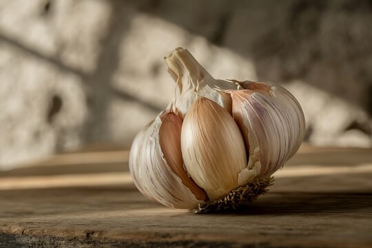 Single garlic bulb on wooden surface