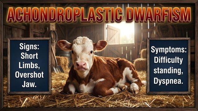 Achondroplastic dwarfism in a brown and white cow lying on hay in a barn with symptoms and signs with veterinary medicine and genetic disorder