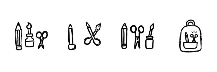 Pencil, Scissors, Paintbrush, And Backpack Line Icon Set In Doodle Style. Creative Tools And School Supplies Outline Sketch Collection. Art And Education Essentials. Hand Drawn Vector Illustration