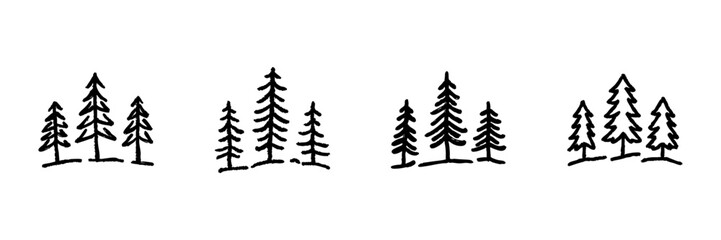 Obraz premium Pine Tree Forest Line Icon Set In Doodle Style. Nature, Wilderness, And Outdoor Adventure Outline Sketch Collection. Hand Drawn Isolated Vector Illustration
