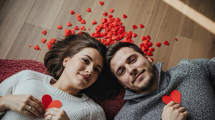 Young couple lying on floor with heart shapes for Valentine's Day  