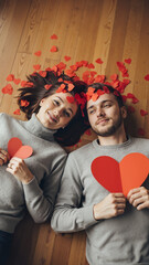 Couple lying on wooden floor with heart shapes and rose petals  
