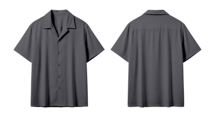 Blank Dark Gray Short Sleeve Camp Collar Shirt Mockup, Front and Back Views Isolated on Transparent Background