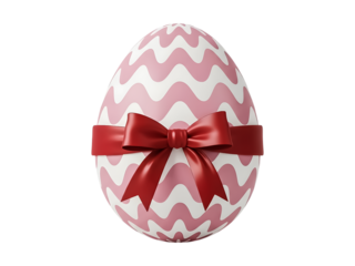 Pink and white easter egg with red bow isolated on transparent background
